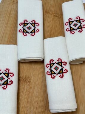 Set of 12 Hand Embroidered Linen Napkins White Folk Style Cottage Farmhouse
